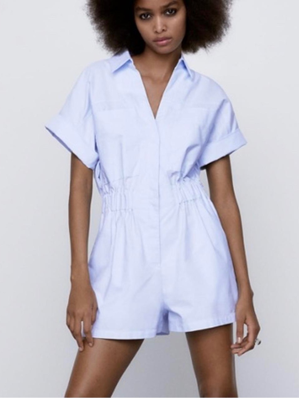 Zara Light Blue Short Sleeve Cotton Jumpsuit